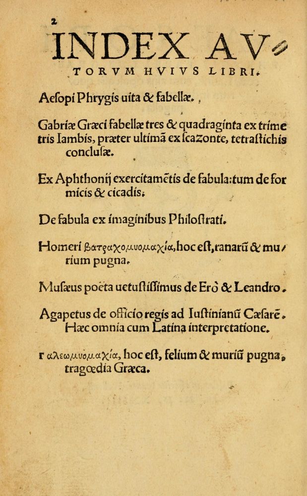 Scan 0008 of Aesopi Phrygis Fabellae Graece & Latine, cum alijs opusculis, quorum index proxima refertur pagella.