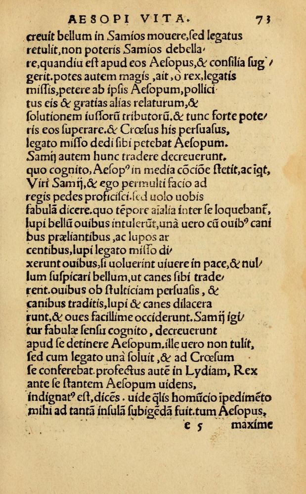 Scan 0079 of Aesopi Phrygis Fabellae Graece & Latine, cum alijs opusculis, quorum index proxima refertur pagella.