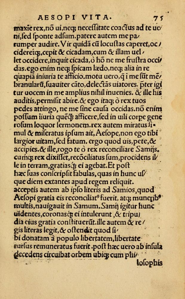 Scan 0081 of Aesopi Phrygis Fabellae Graece & Latine, cum alijs opusculis, quorum index proxima refertur pagella.