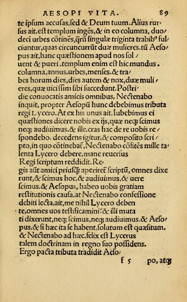 Scan 0095 of Aesopi Phrygis Fabellae Graece & Latine, cum alijs opusculis, quorum index proxima refertur pagella.