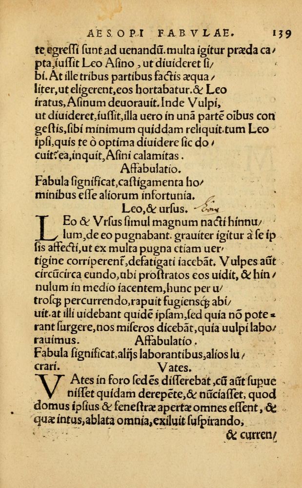 Scan 0145 of Aesopi Phrygis Fabellae Graece & Latine, cum alijs opusculis, quorum index proxima refertur pagella.