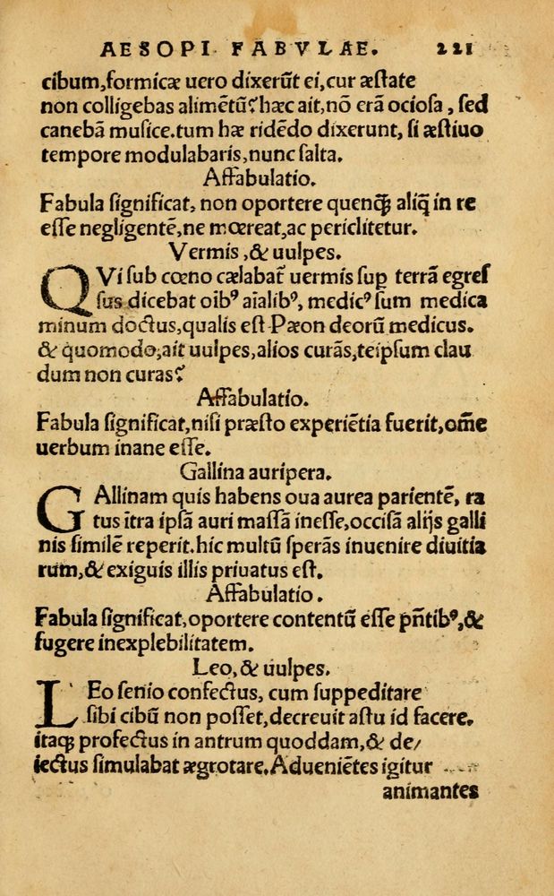 Scan 0227 of Aesopi Phrygis Fabellae Graece & Latine, cum alijs opusculis, quorum index proxima refertur pagella.