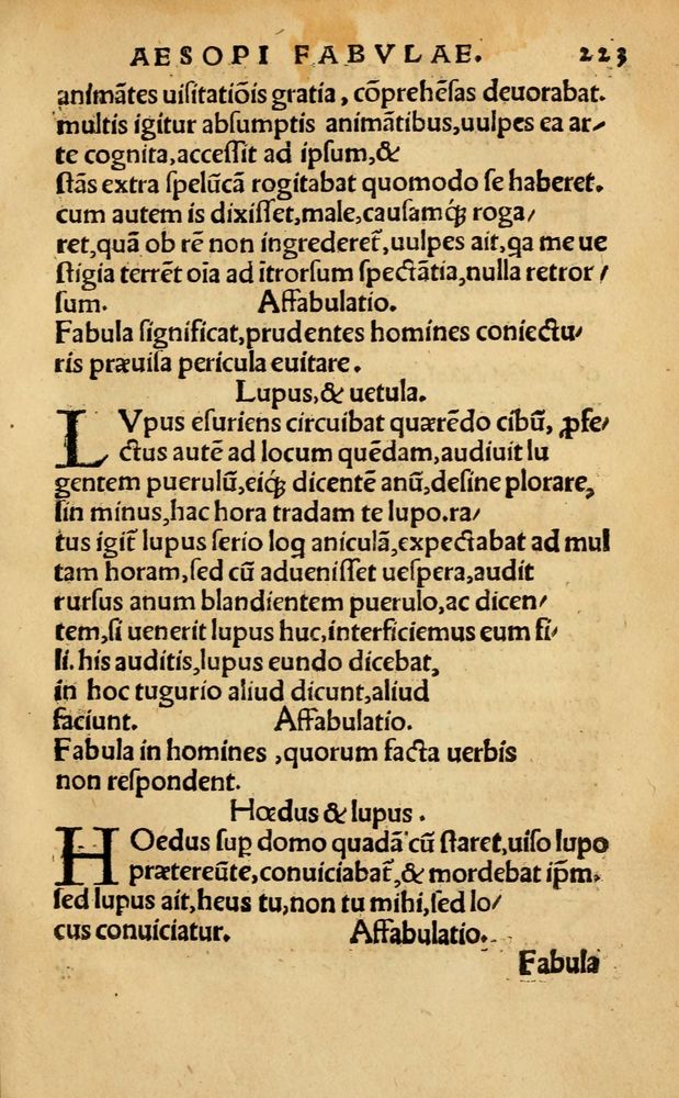 Scan 0229 of Aesopi Phrygis Fabellae Graece & Latine, cum alijs opusculis, quorum index proxima refertur pagella.