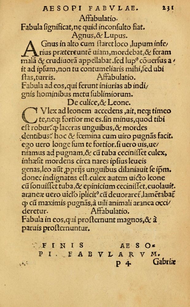 Scan 0237 of Aesopi Phrygis Fabellae Graece & Latine, cum alijs opusculis, quorum index proxima refertur pagella.