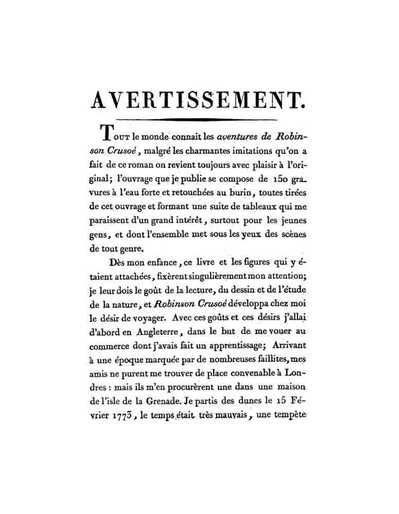 Scan 0003 of Collection de cent-cinquante gravures représentant et formant une suite non interrompue des voyages et aventures surprenantes de Robinson Crusoé